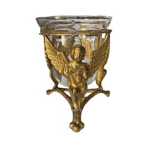 Vintage Brass Cherub Decorative Glass Bowl / Candle Holder